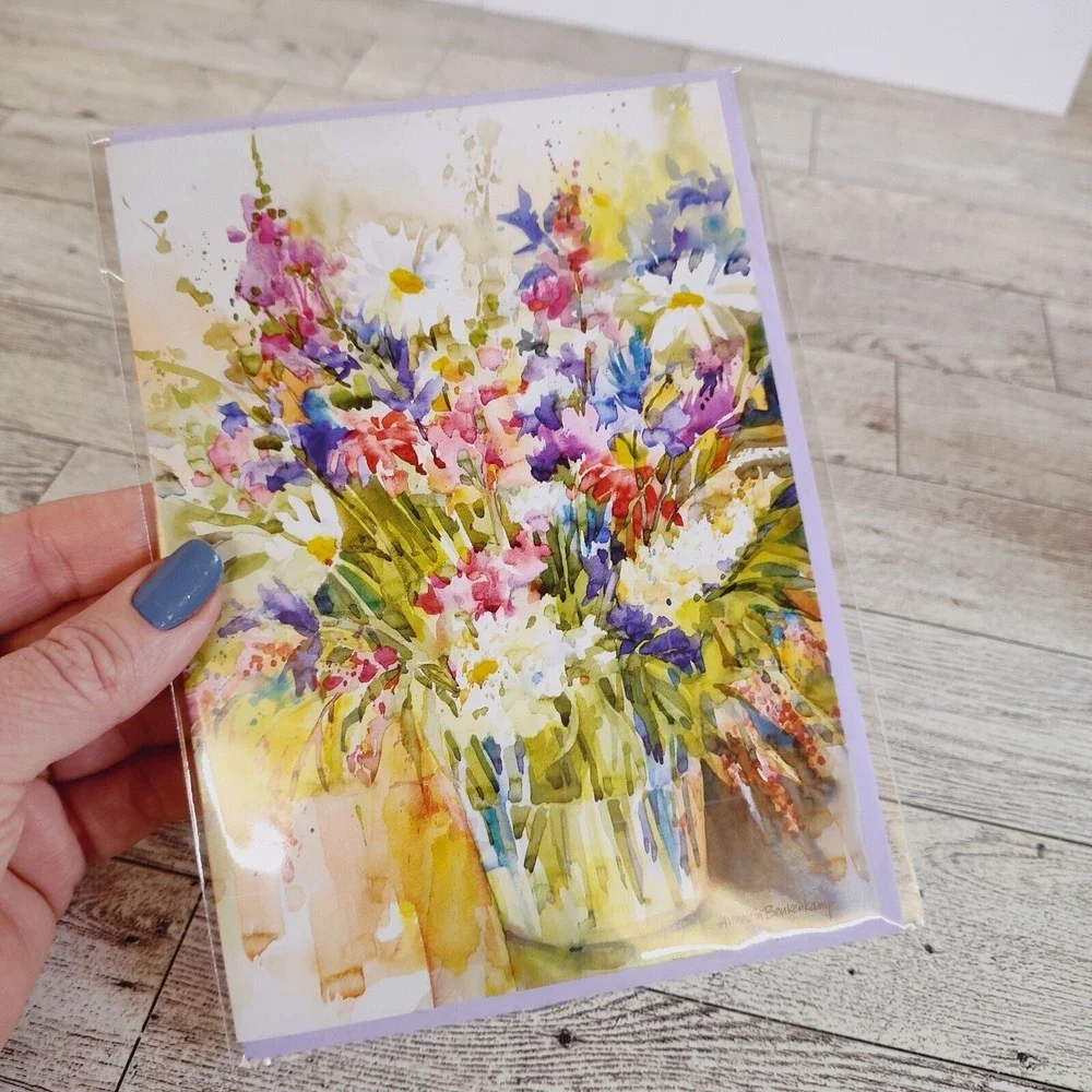 Blank Greeting Card Watercolor Floral Note Card with Lilac Envelope Blank Inside